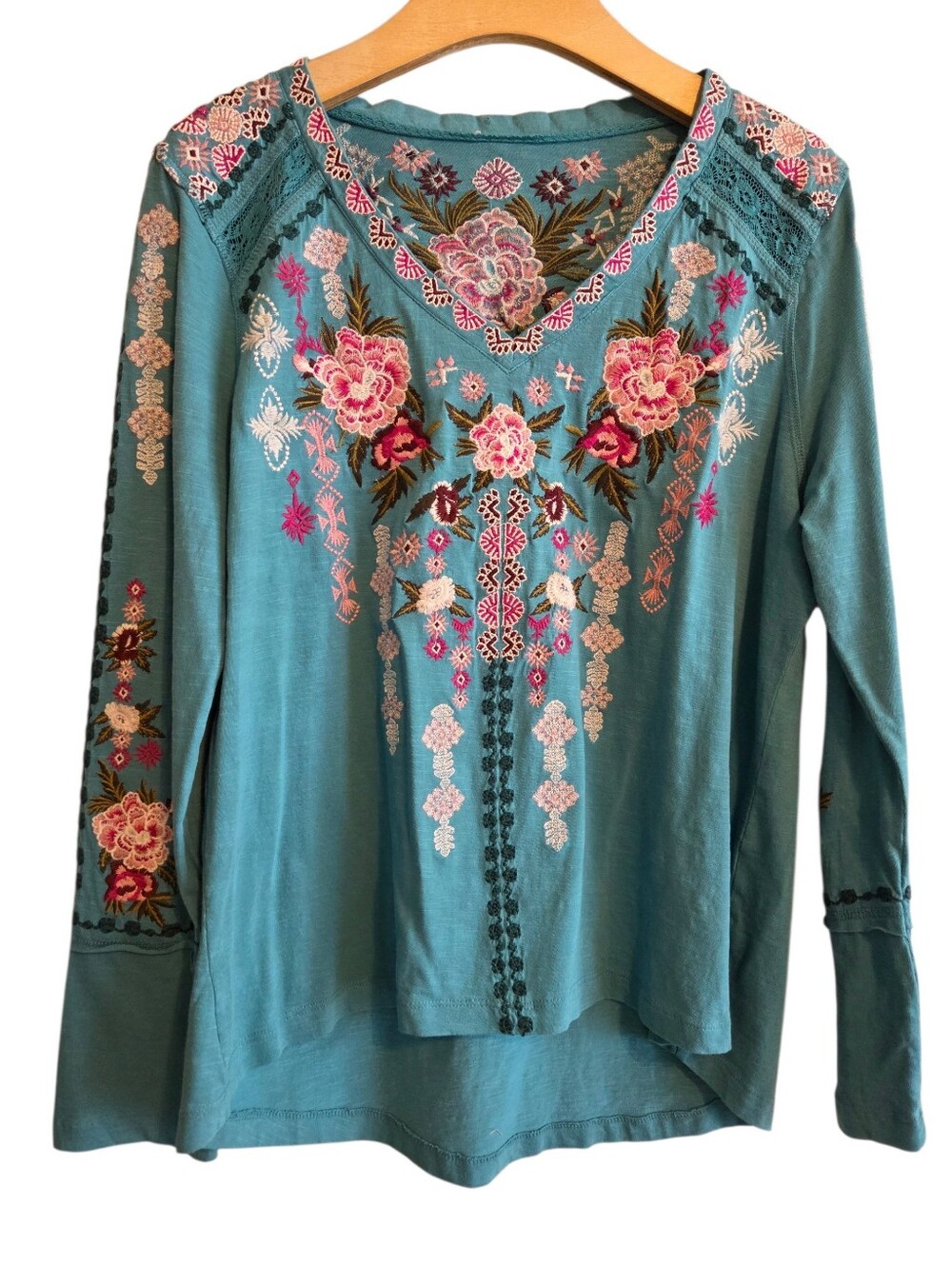 Sundance Embroidered Teal Floral Long Sleeves V-Neck Tunic Sz L Feminine Casual